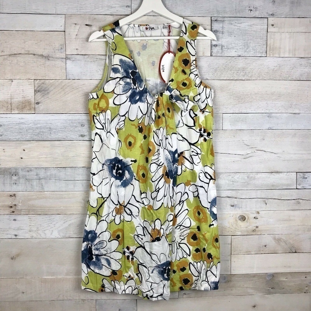 Vera Yellow Green Floral Sleeveless Dress Large